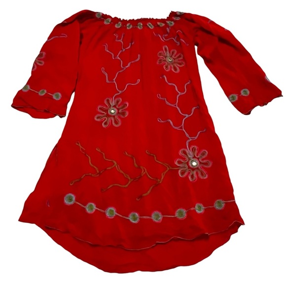 Poupette St Barth Off The Shoulder embroidered whimsical daisy flower M Red - Picture 6 of 16